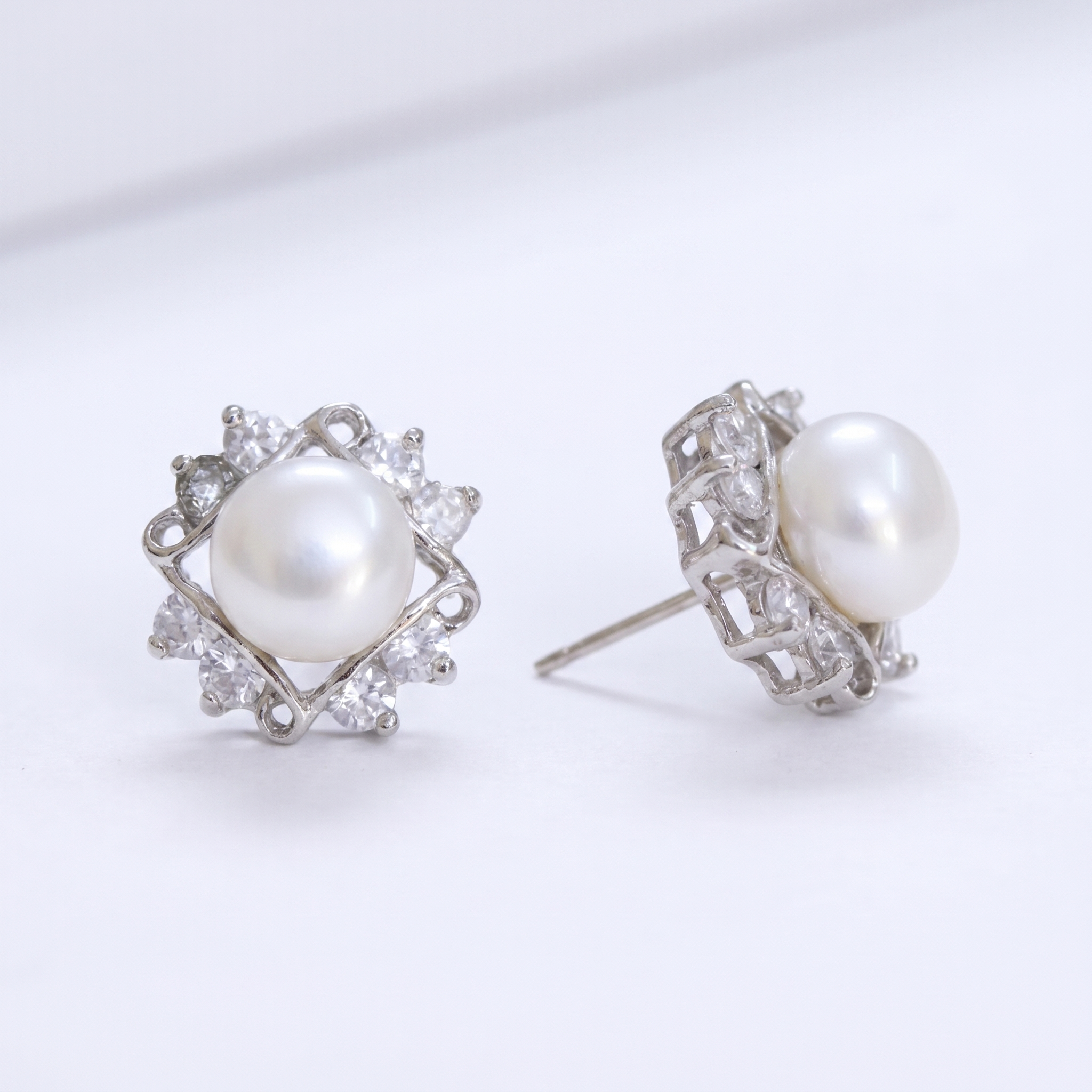White pearl Studs with Beautiful American Diamonds