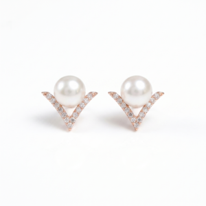 V Shaped Pretty Pearl Studs in White Pearls and Rose Gold Metal