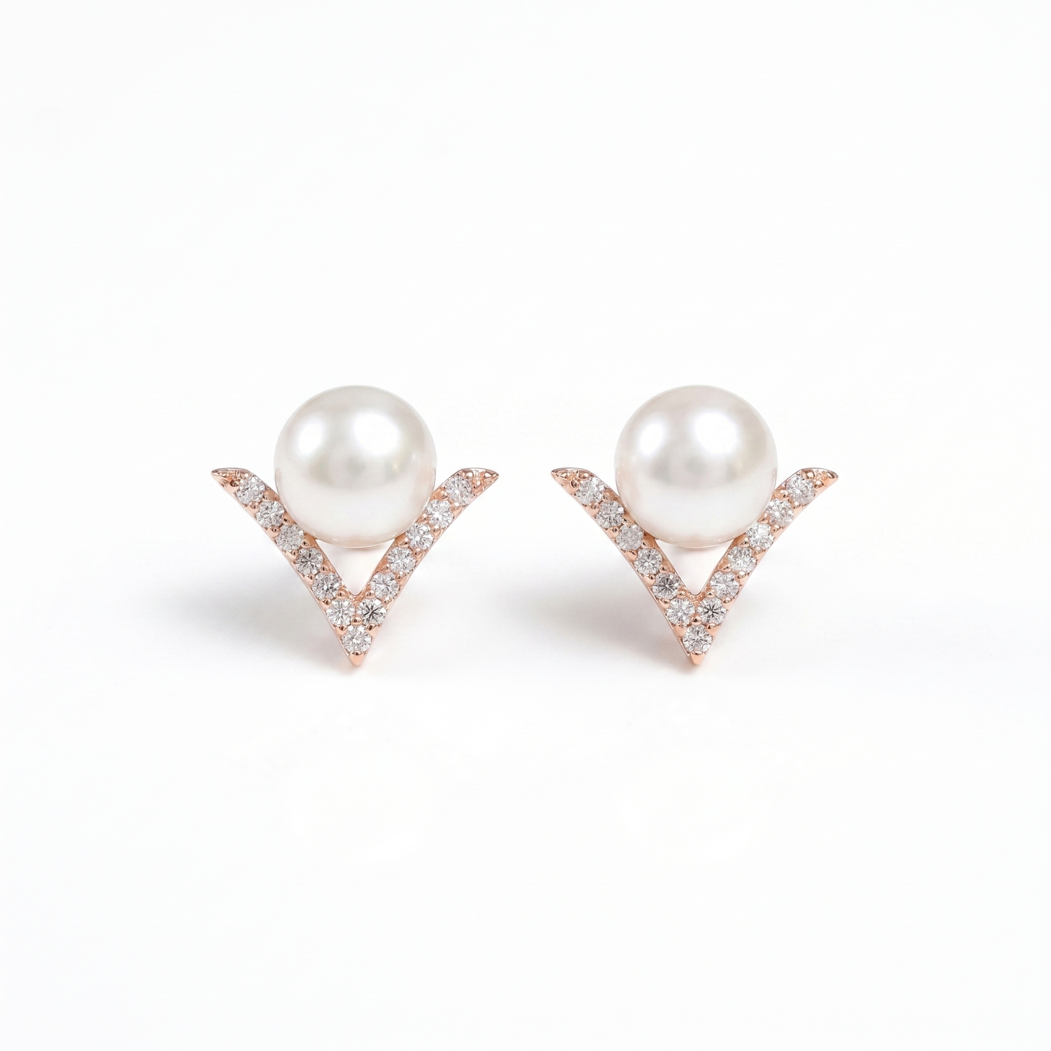 V Shaped Pretty Pearl Studs in White Pearls and Rose Gold Metal