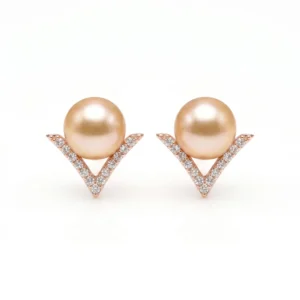 V Shaped Pretty Pearl Studs in Pink Pearls and Rose Gold Metal