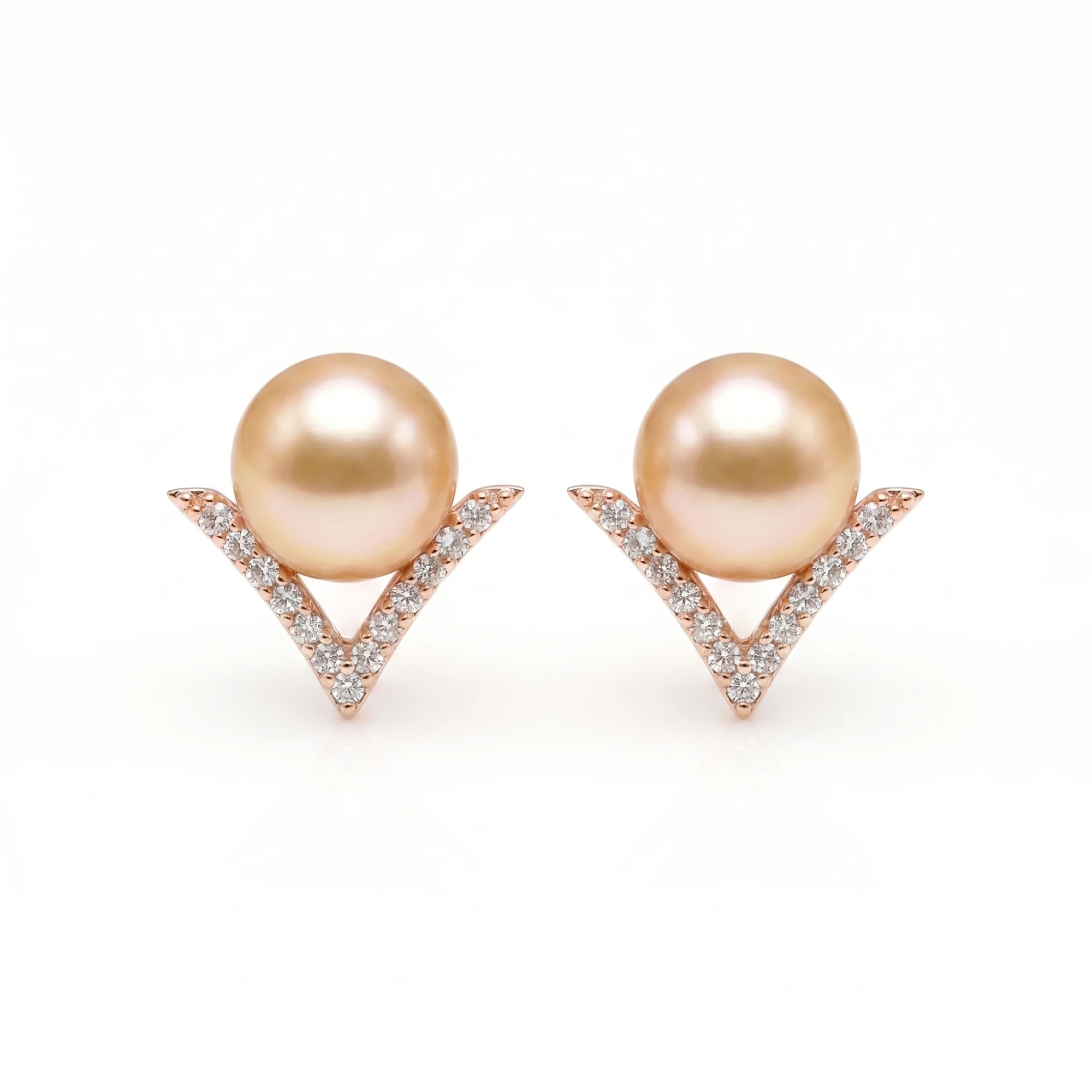 V Shaped Pretty Pearl Studs in Pink Pearls and Rose Gold Metal