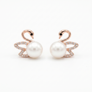 Swan Shaped Pretty Pearl Studs in White Pearls and Rose Gold Metal