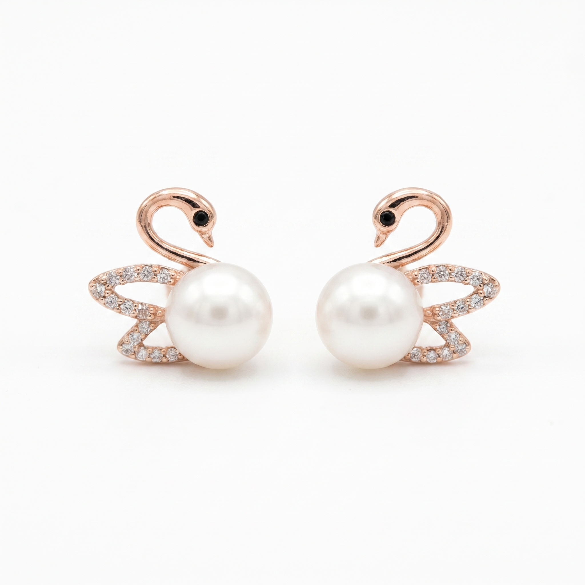 Swan Shaped Pretty Pearl Studs in White Pearls and Rose Gold Metal