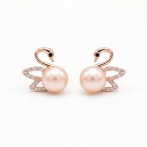 Swan Shaped Pretty Pearl Studs in Pink Pearls and Rose Gold Metal