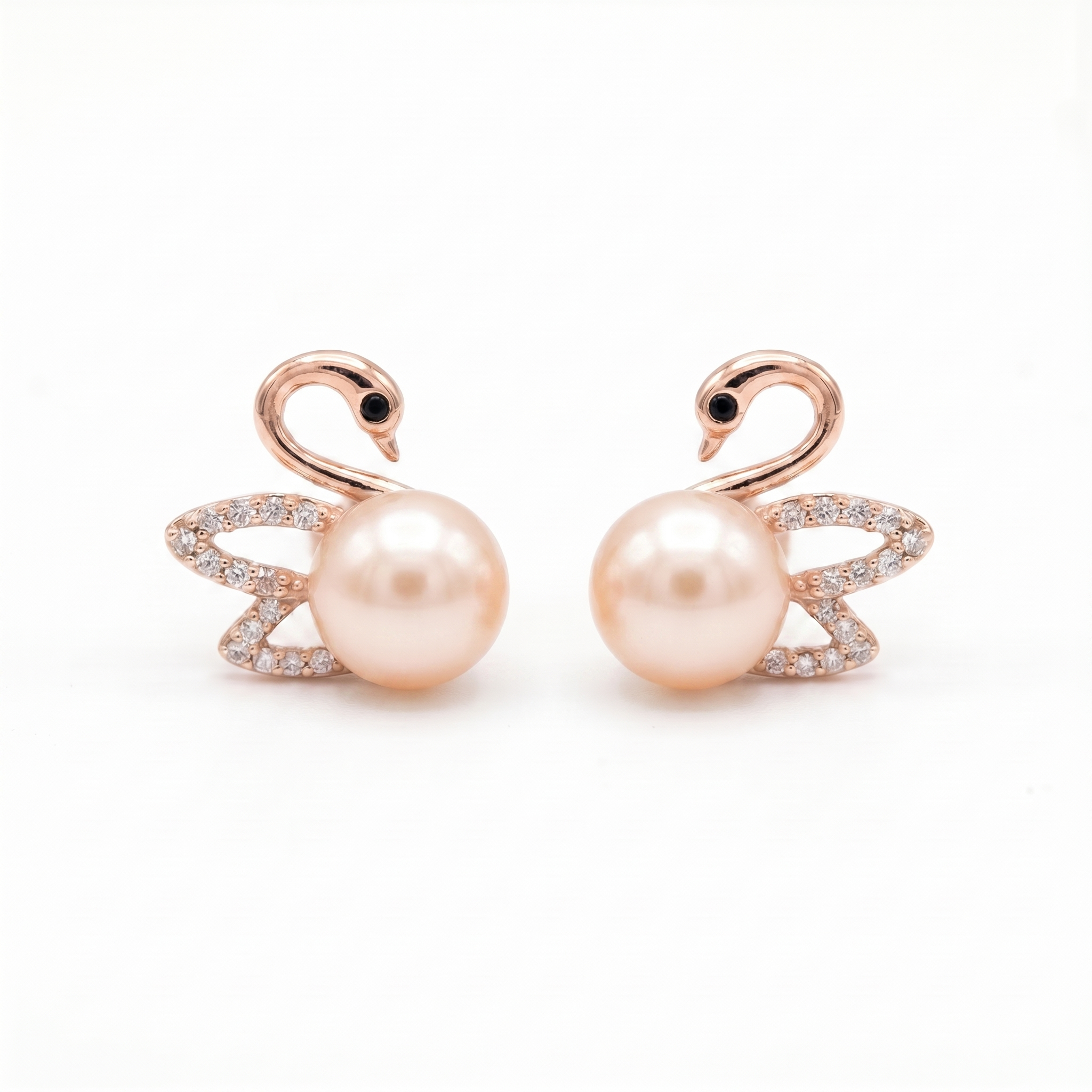 Swan Shaped Pretty Pearl Studs in Pink Pearls and Rose Gold Metal