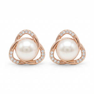 Cute Triangle Shaped White Pearl Studs in Rose Gold Metal