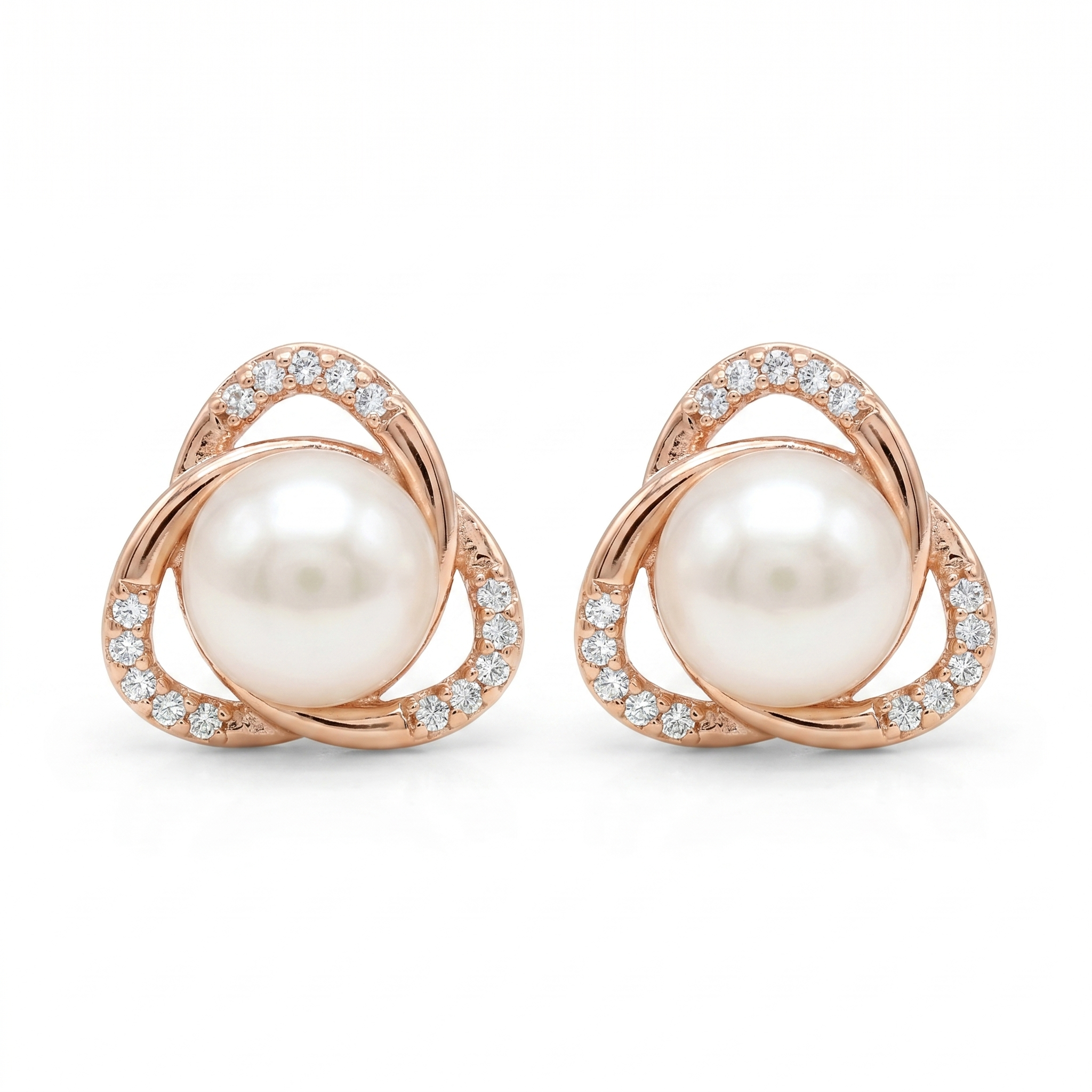 Cute Triangle Shaped White Pearl Studs in Rose Gold Metal