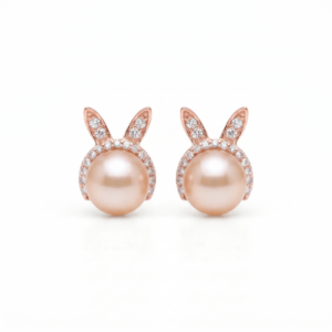 Bunny Shaped Pearl Studs in Pink Pearls and Rose Gold Metal