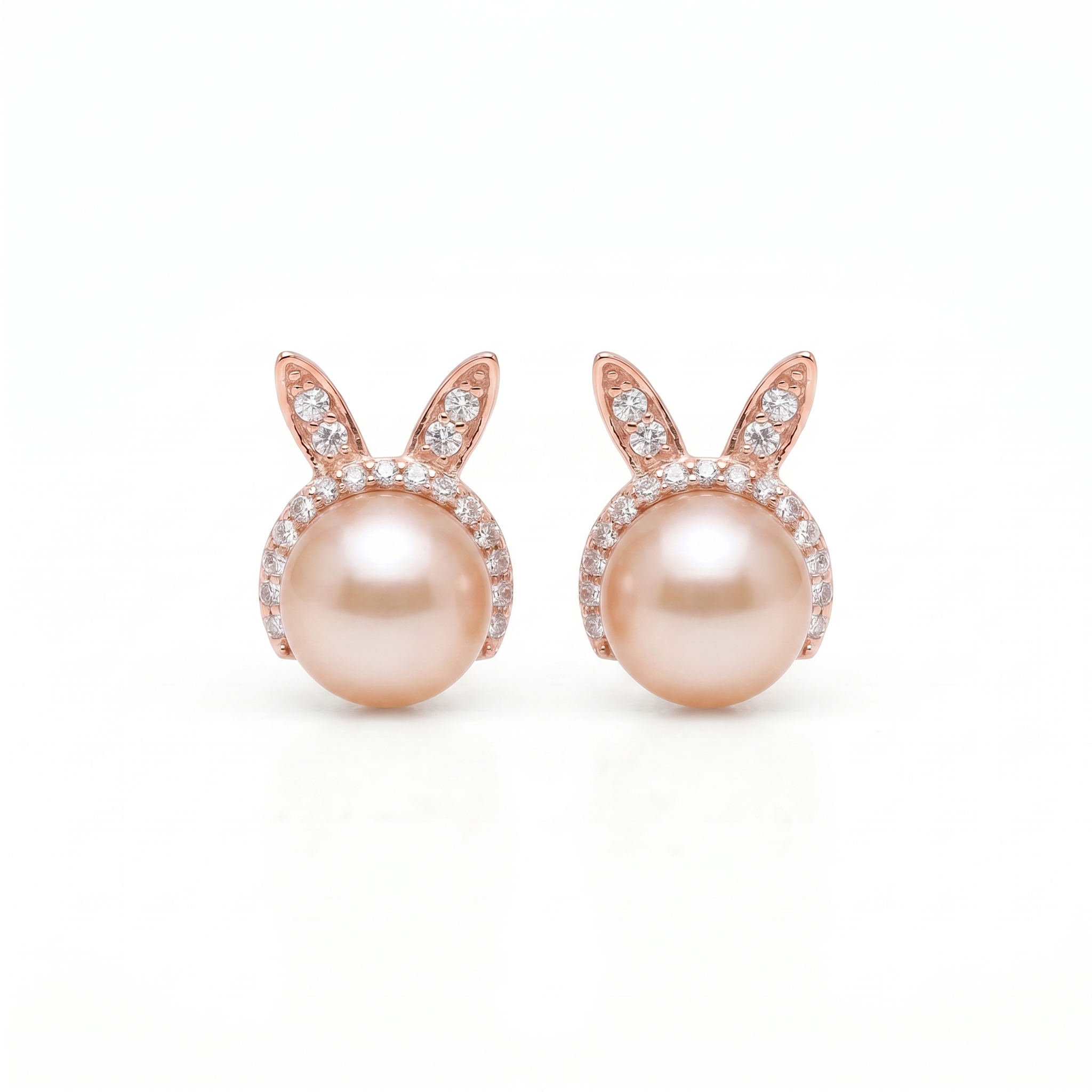 Bunny Shaped Pearl Studs in Pink Pearls and Rose Gold Metal