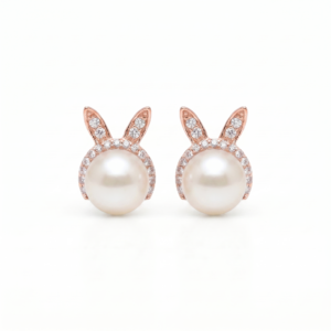 Bunny Shaped Pearl Studs in White Pearls and Rose Gold Metal