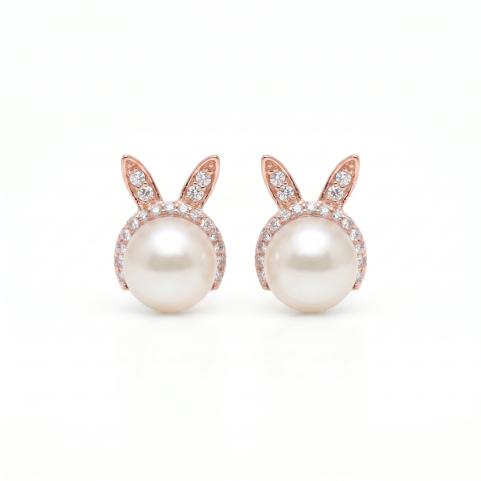 Bunny Shaped Pearl Studs in White Pearls and Rose Gold Metal