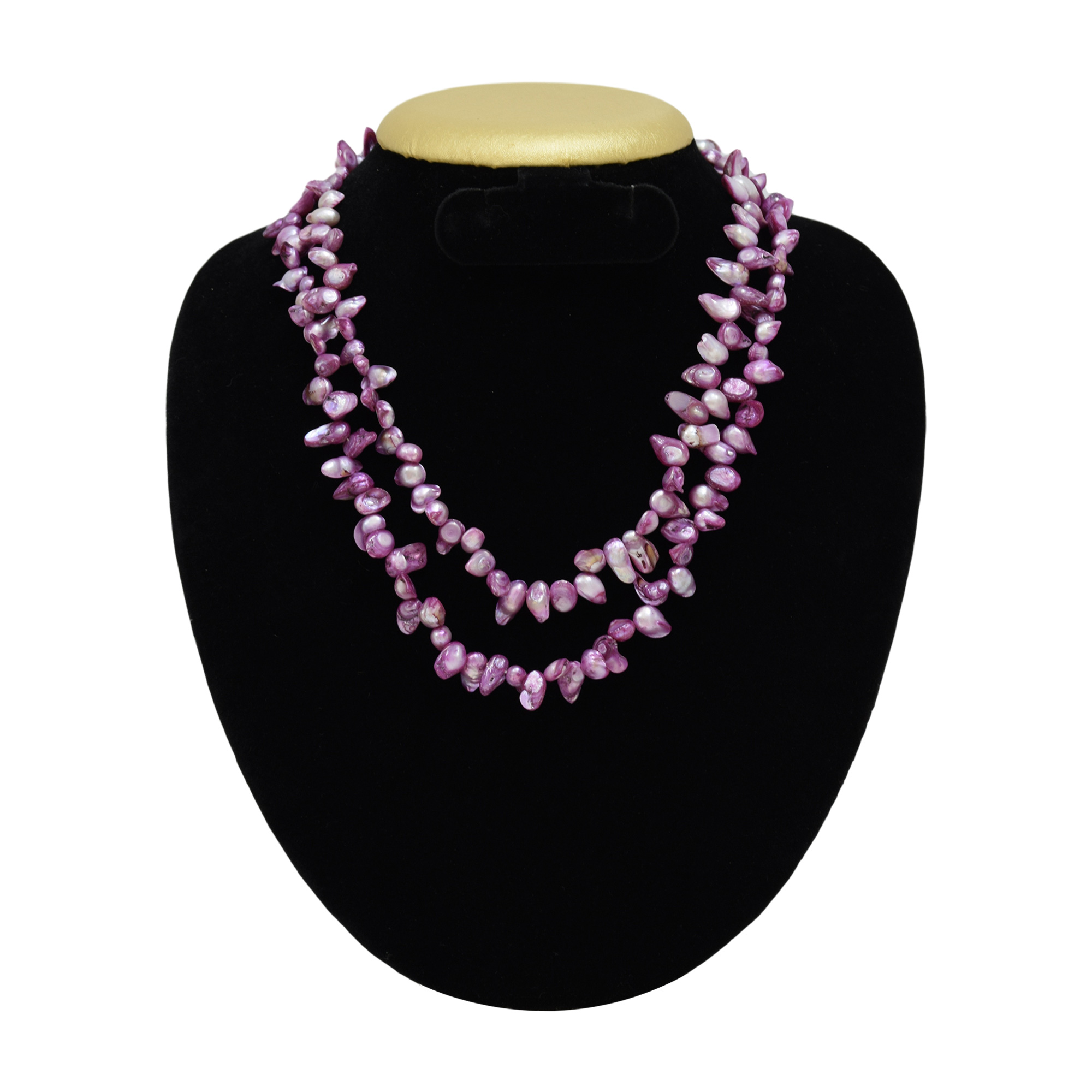 2 Lines Pearl Necklace in Bright Lavender Colour Baroque Pearls