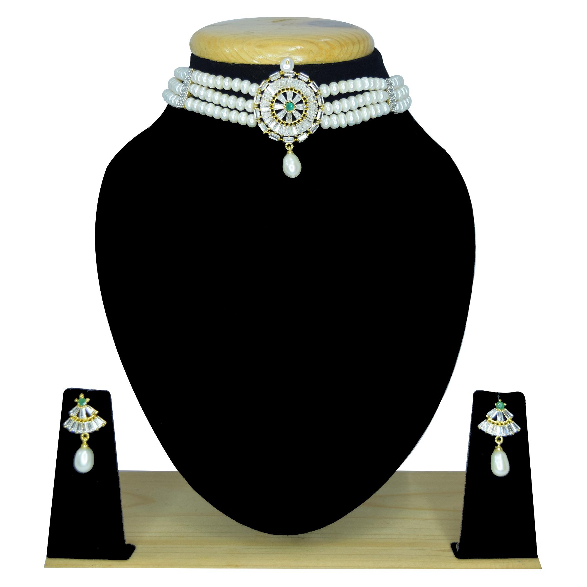 3 Lines Pretty Pearl Choker studded with ADs and SP Ruby