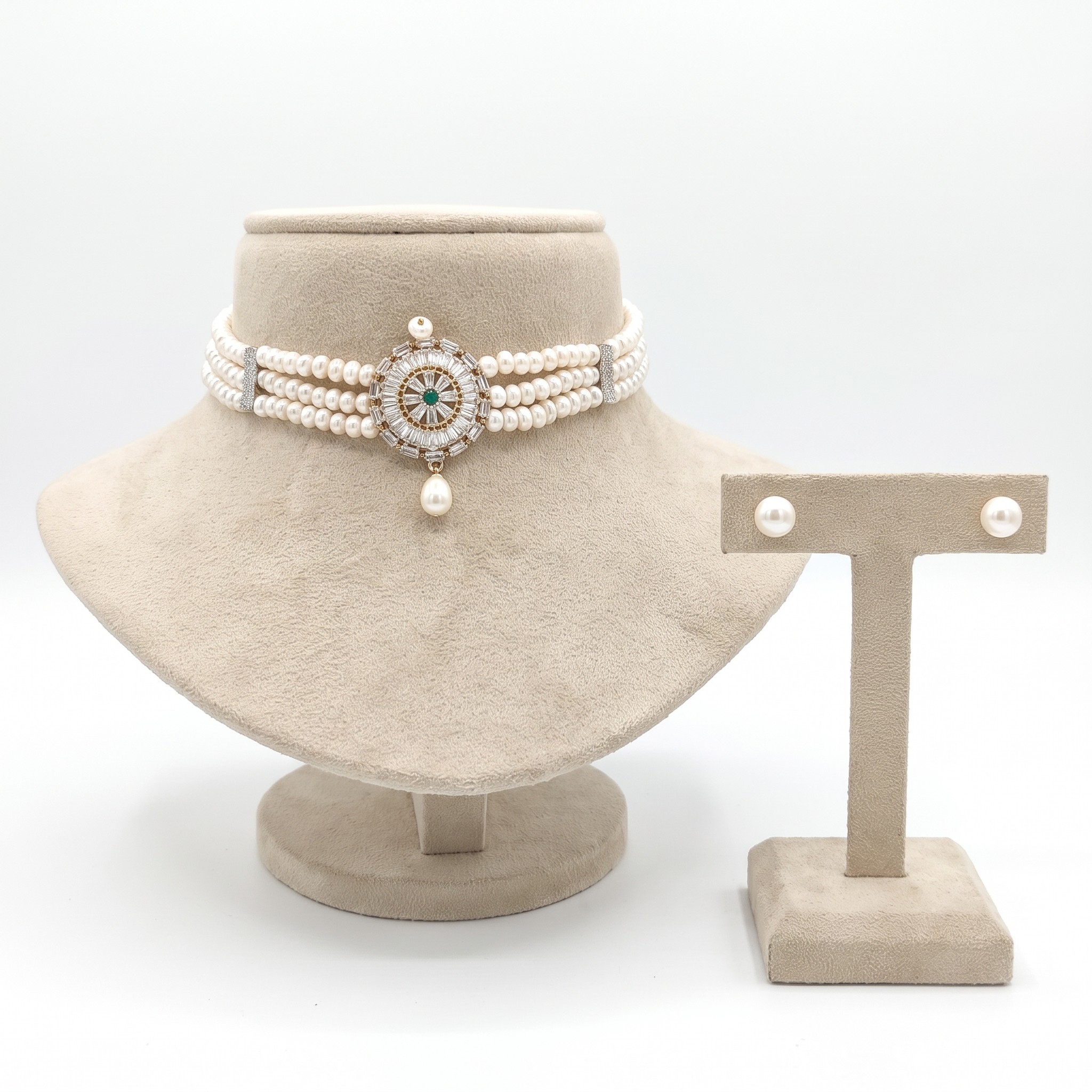 3 Lines Pretty Pearl Choker studded with ADs and SP Ruby