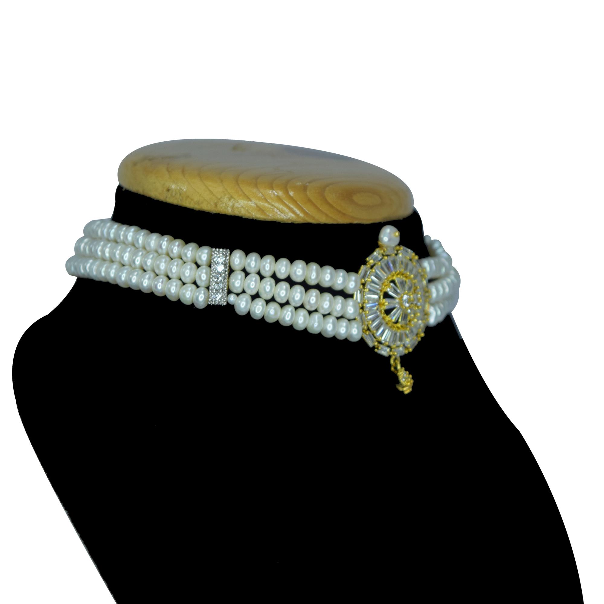 Side View of 3 Lines Exclusive Choker Studded In Intricately Cut American Diamonds