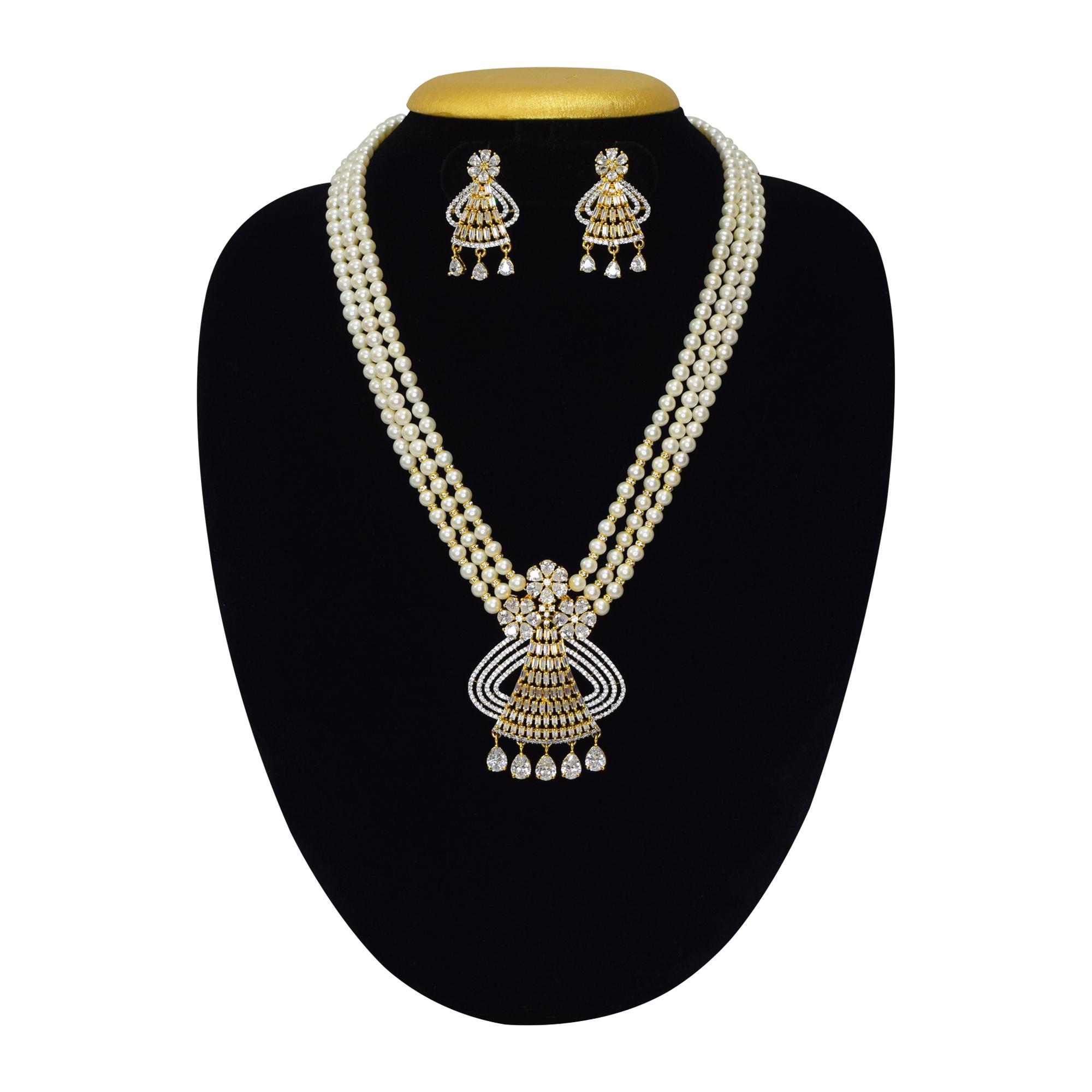 Classy 3 Lines Pearl Necklace with a Crystalline Pendant