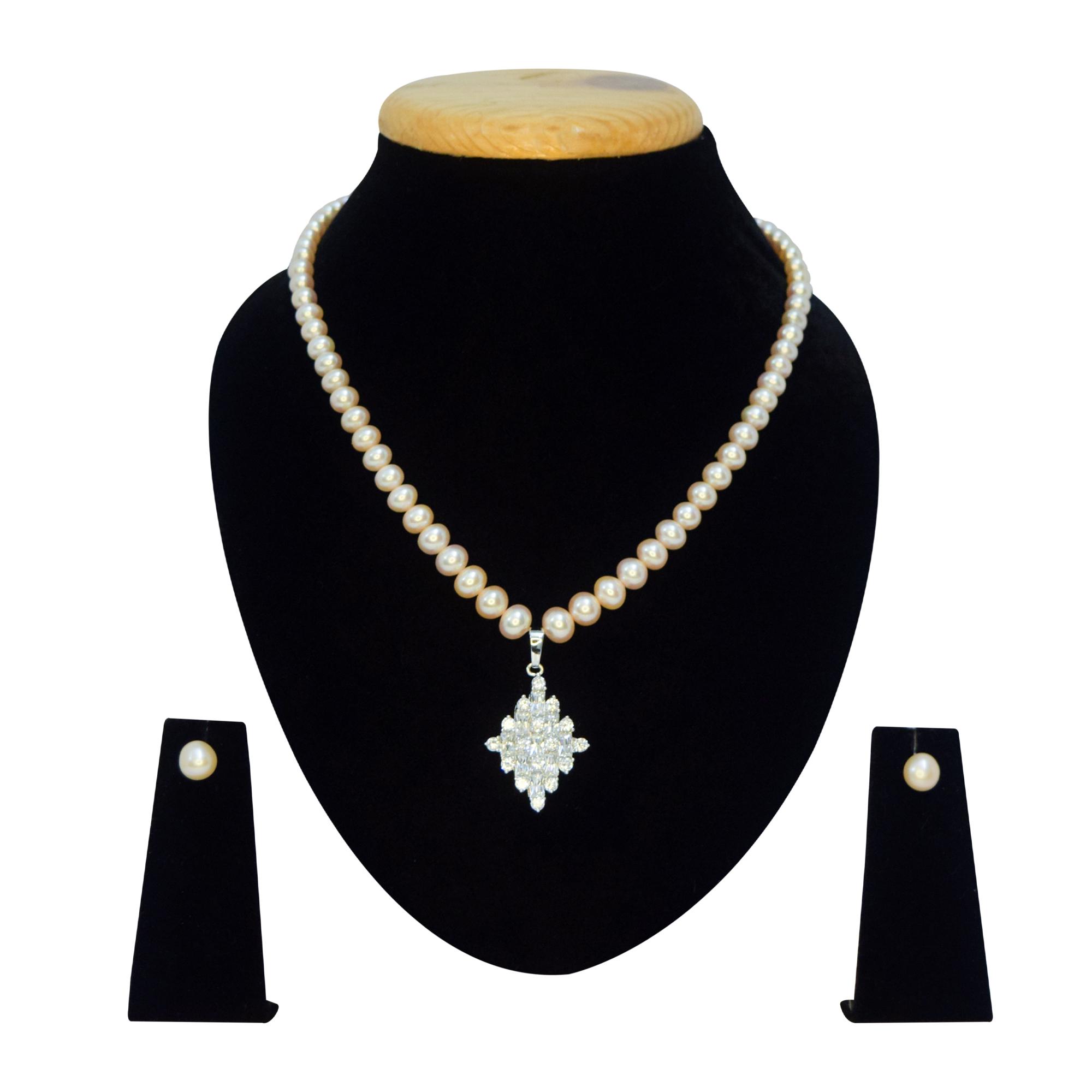Graduated Pink Pearl Necklace With Sparkling AD Pendant