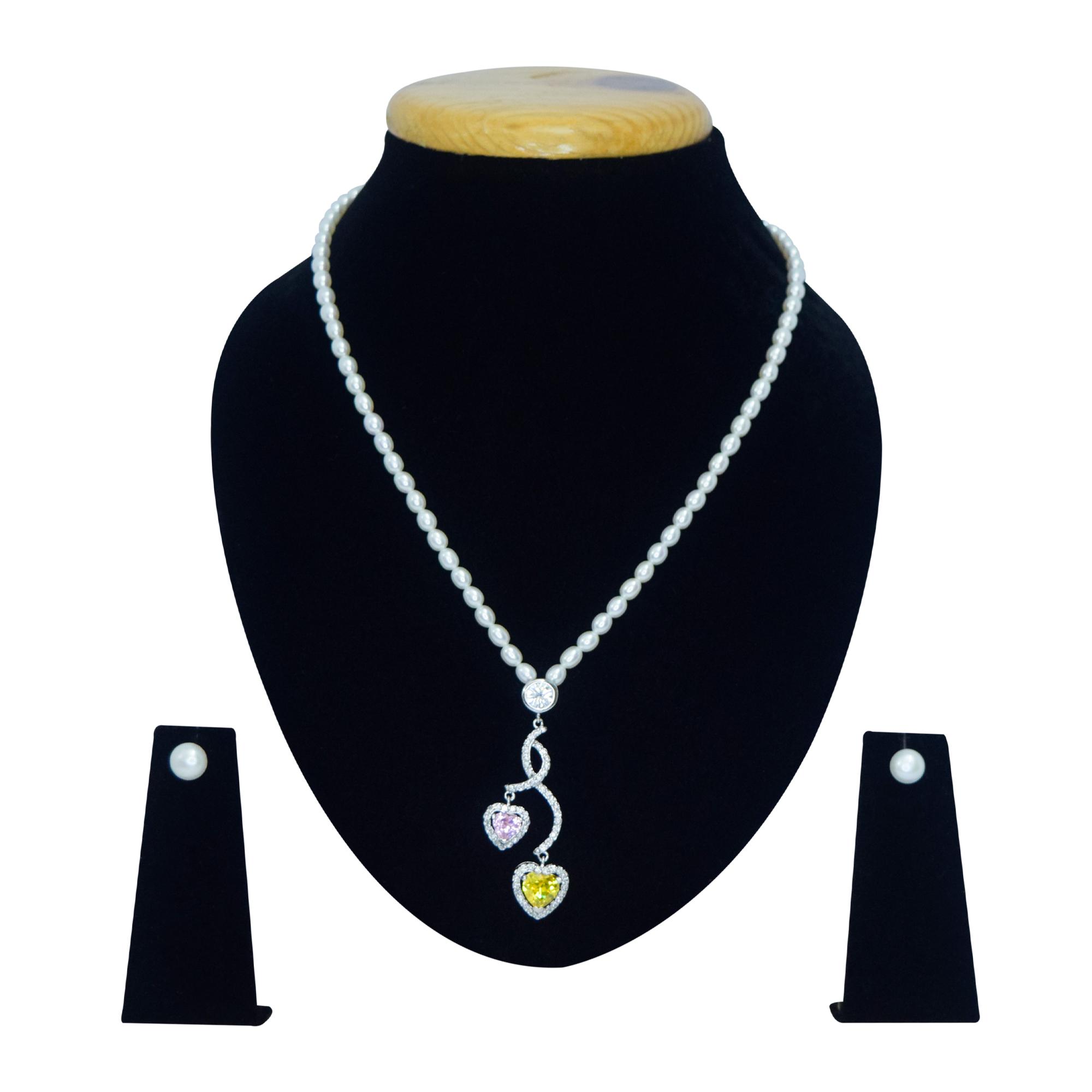 Stylish White Pearl Necklace With Cute Hearts Entwined Pendant