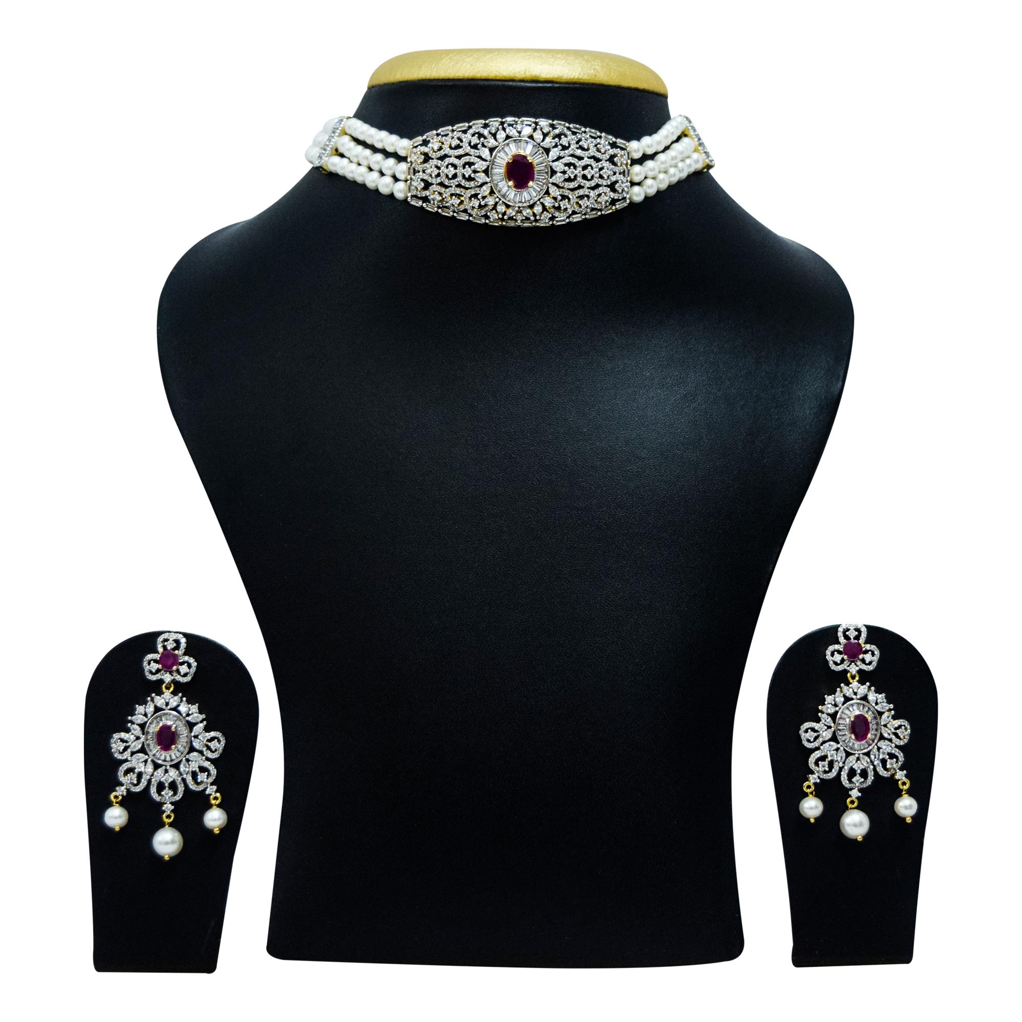 Sparkling Triple Line Pearls Choker With SP Ruby Zircon Pendant