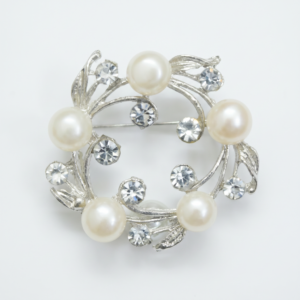Ornate Wreath Brooch With White Pearls & American Diamonds