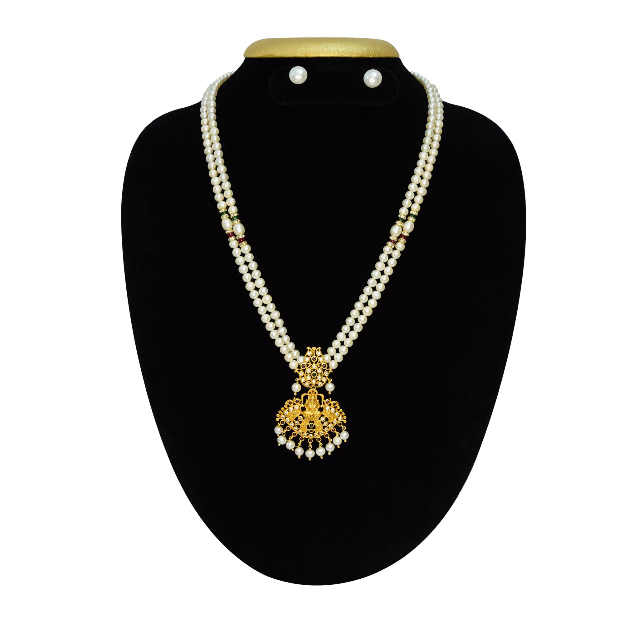 Elegant Dual-strand White Pearls Mala With Traditional Lakshmi Pendant