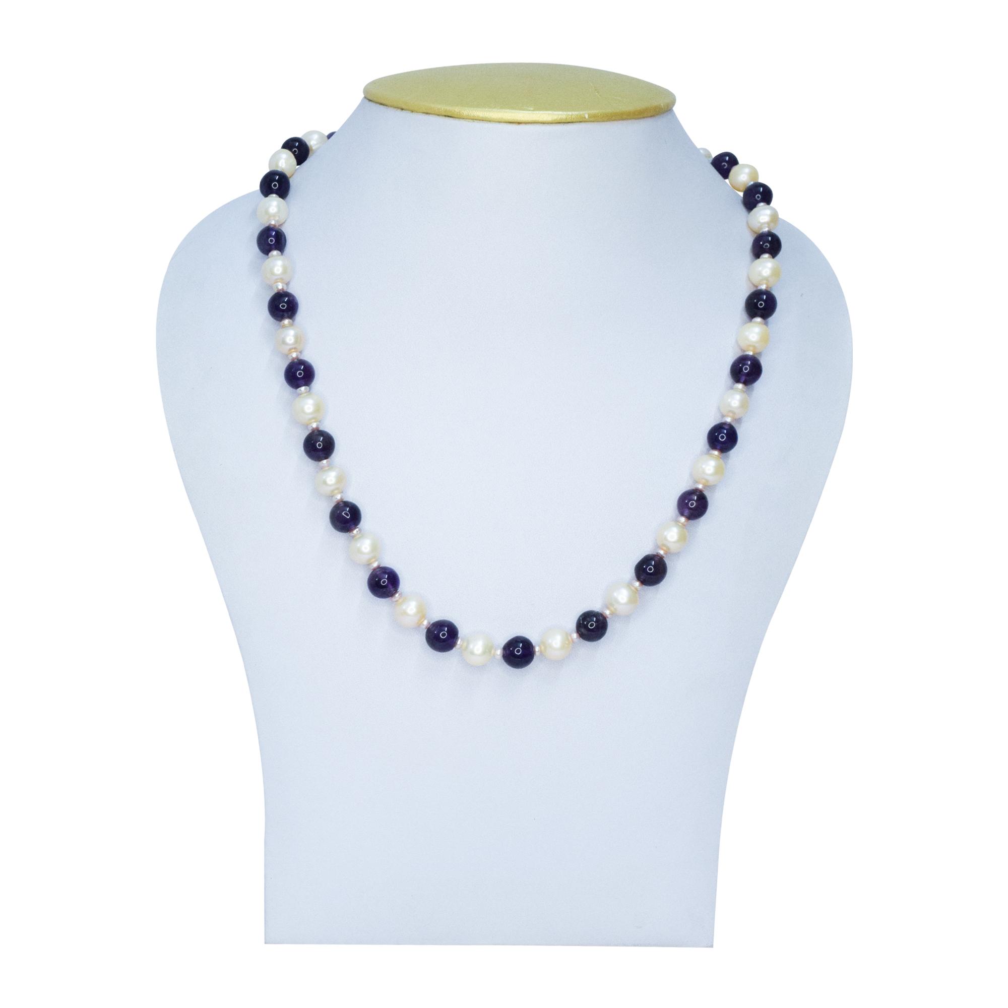 Dainty Peach Pearls With Purple Garnet Beads Necklace