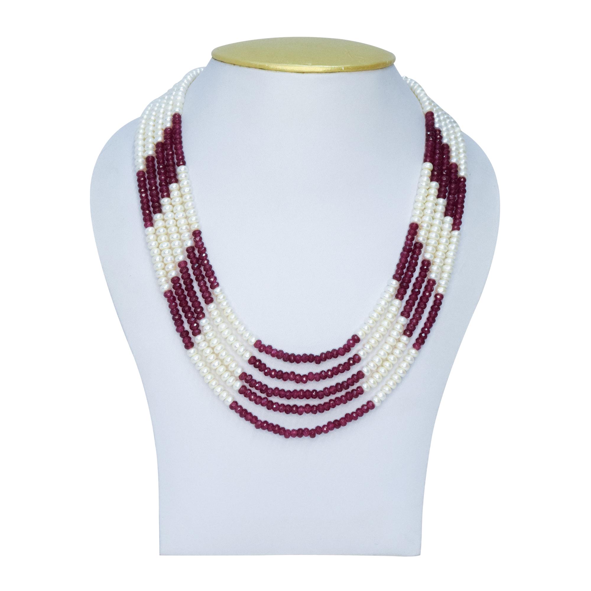 Gorgeous Multi-Layer Necklace With White Pearls & SP Rubies
