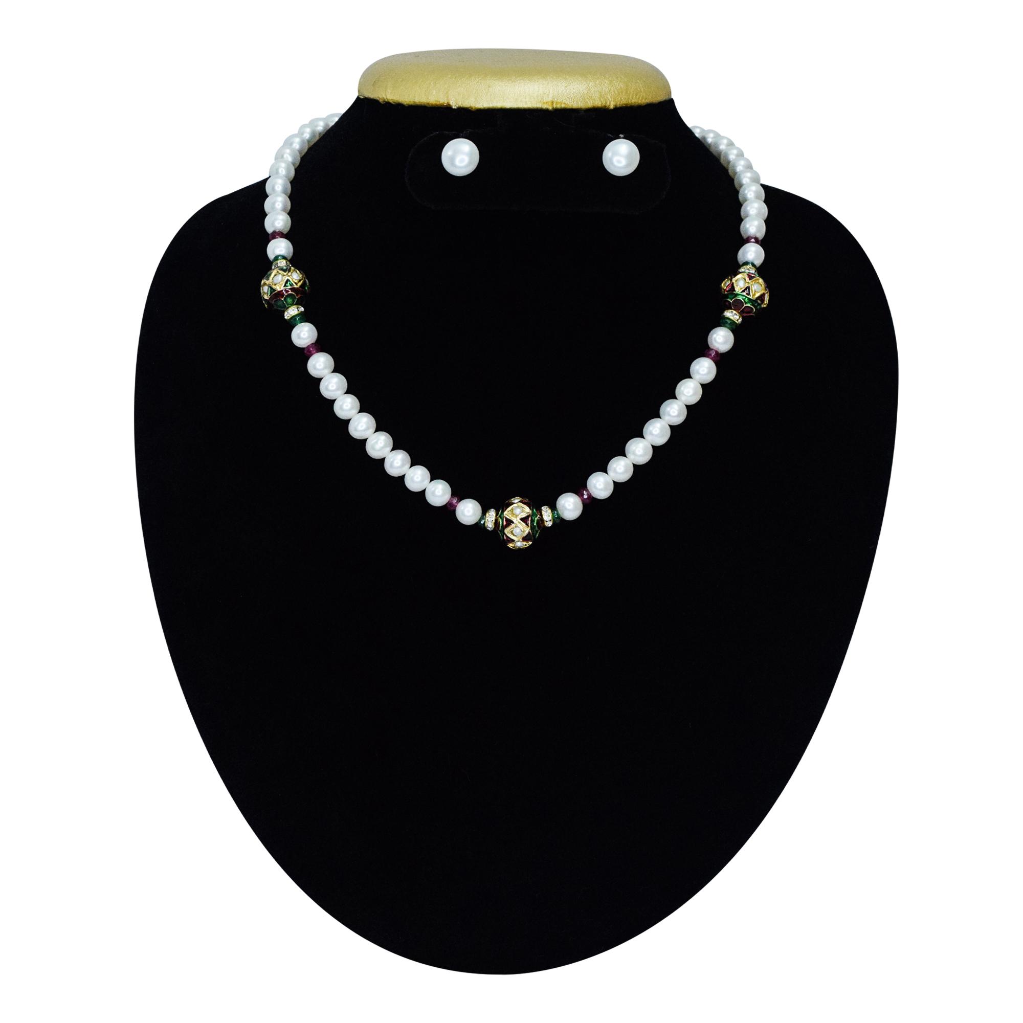 Elegant White Pearl Necklace With Pearl Studded Dholak Beads