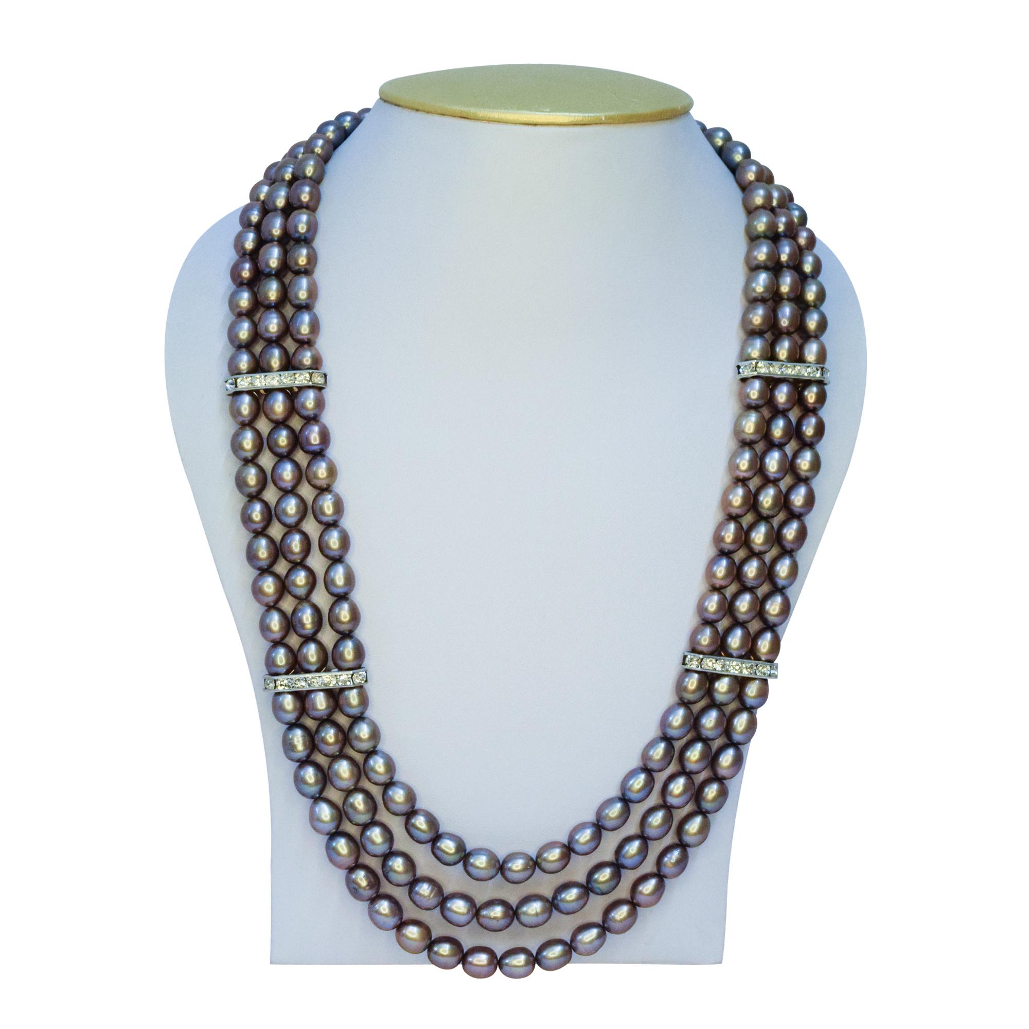 Gorgeous Triple Layer Brown Oval Pearl Necklace With AD Spacers
