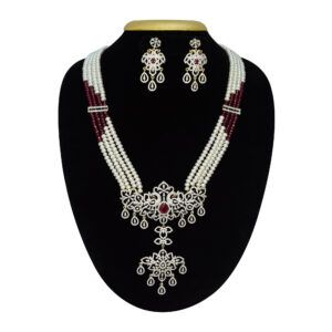 Multi-layer 5mm white semi-round pearl necklace with a majestic zircon studded peacock pendant featuring an SP ruby