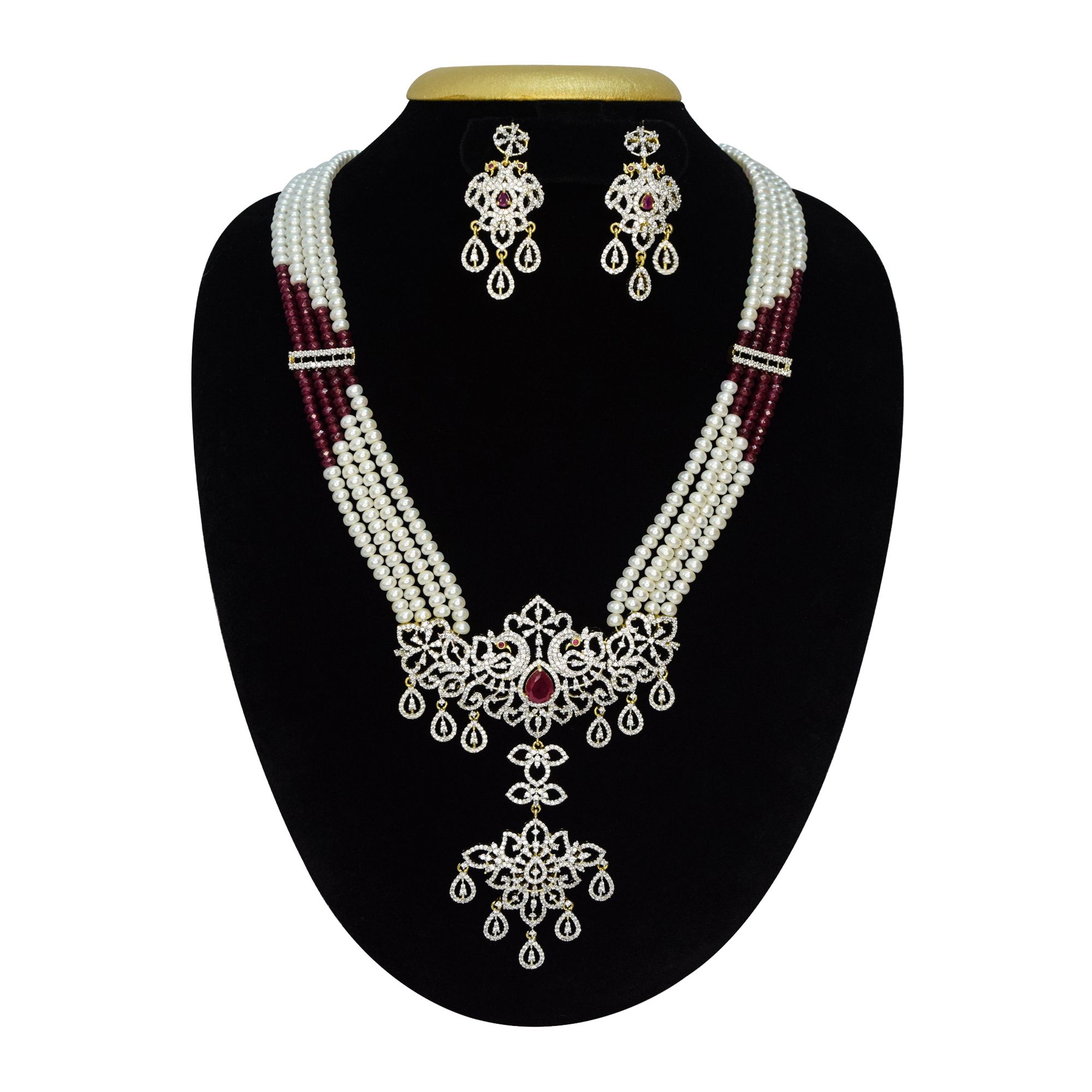 Royal White Pearls Haar With CZ Peacock Pathakam