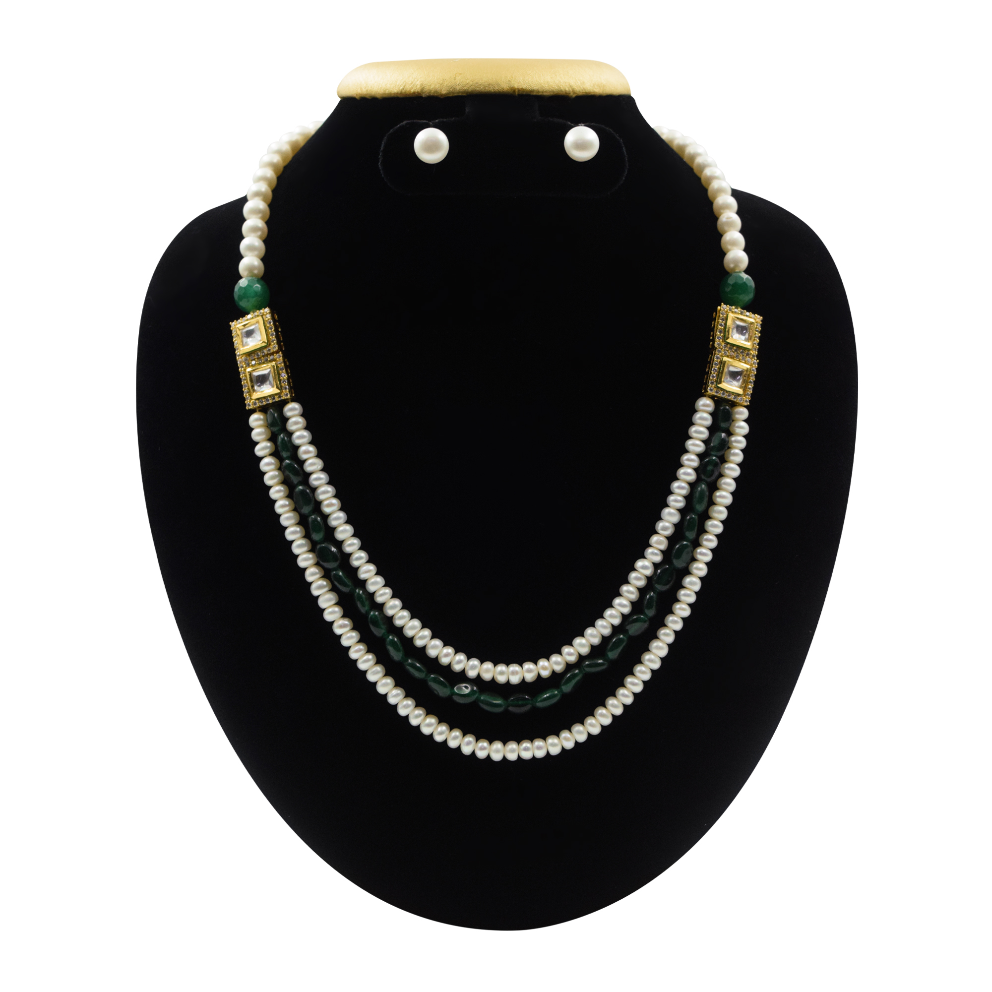 Beautiful White Pearls Necklace With Kundan Pendant & Green Onyx Beads