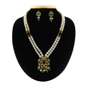 Exemplary 2Row White Oval Pearl Necklace With AD Pendant