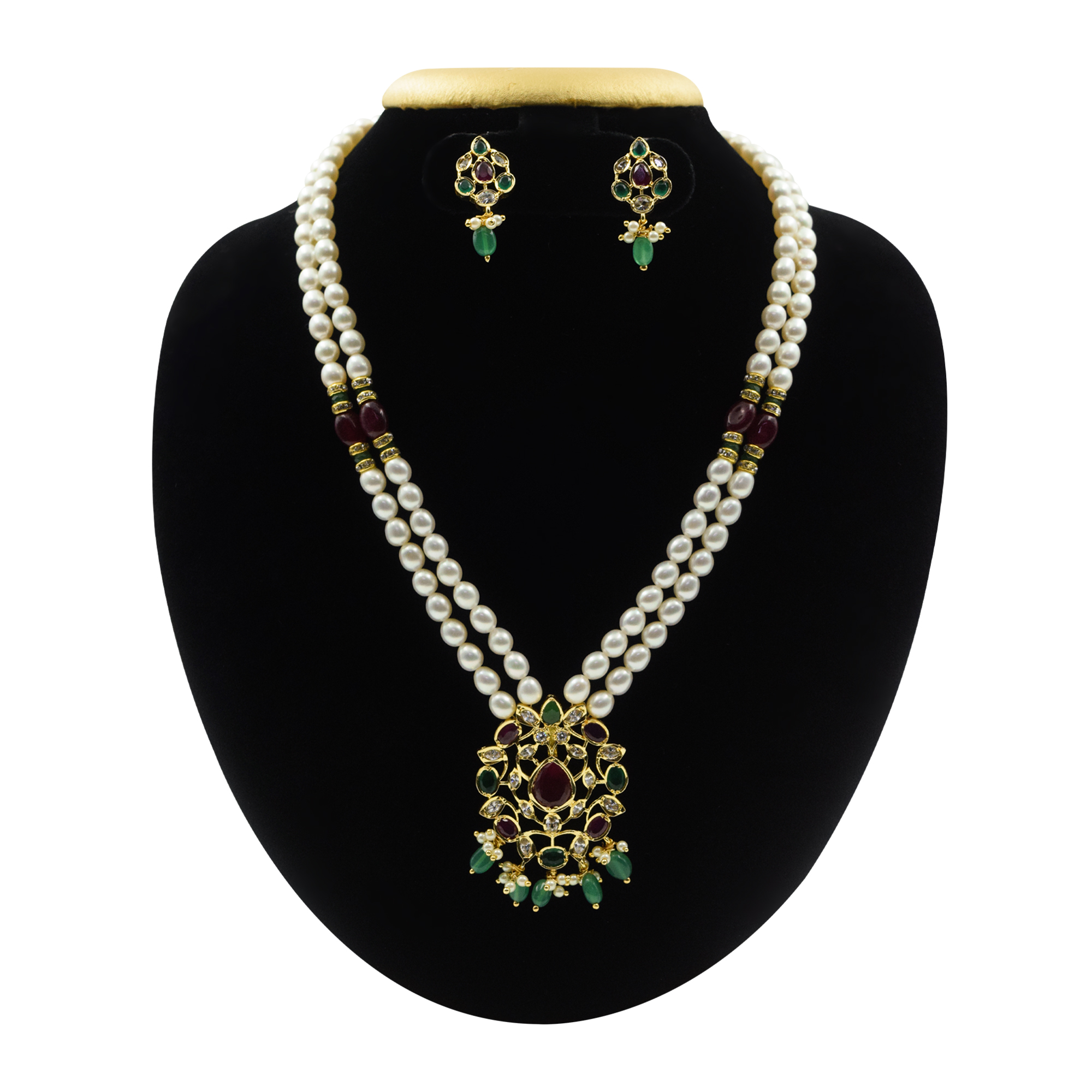 Exemplary 2Row White Oval Pearl Necklace With AD Pendant