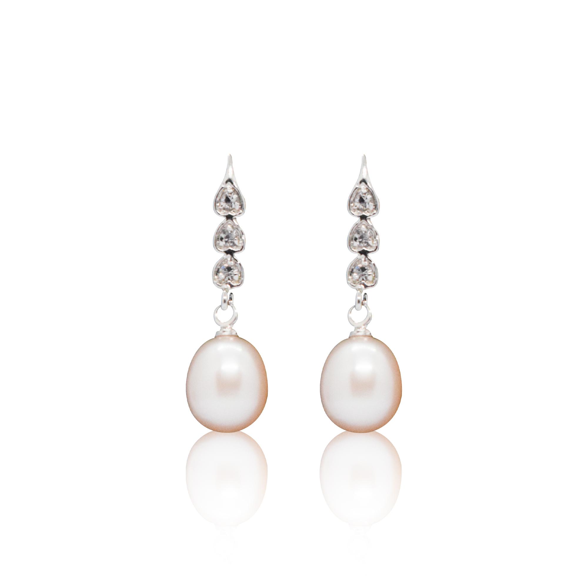 Pretty Hook Earrings Featuring Peach Oval Pearls & CZ