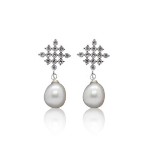 Glitzy Geometric CZ Studs With White Oval Drops