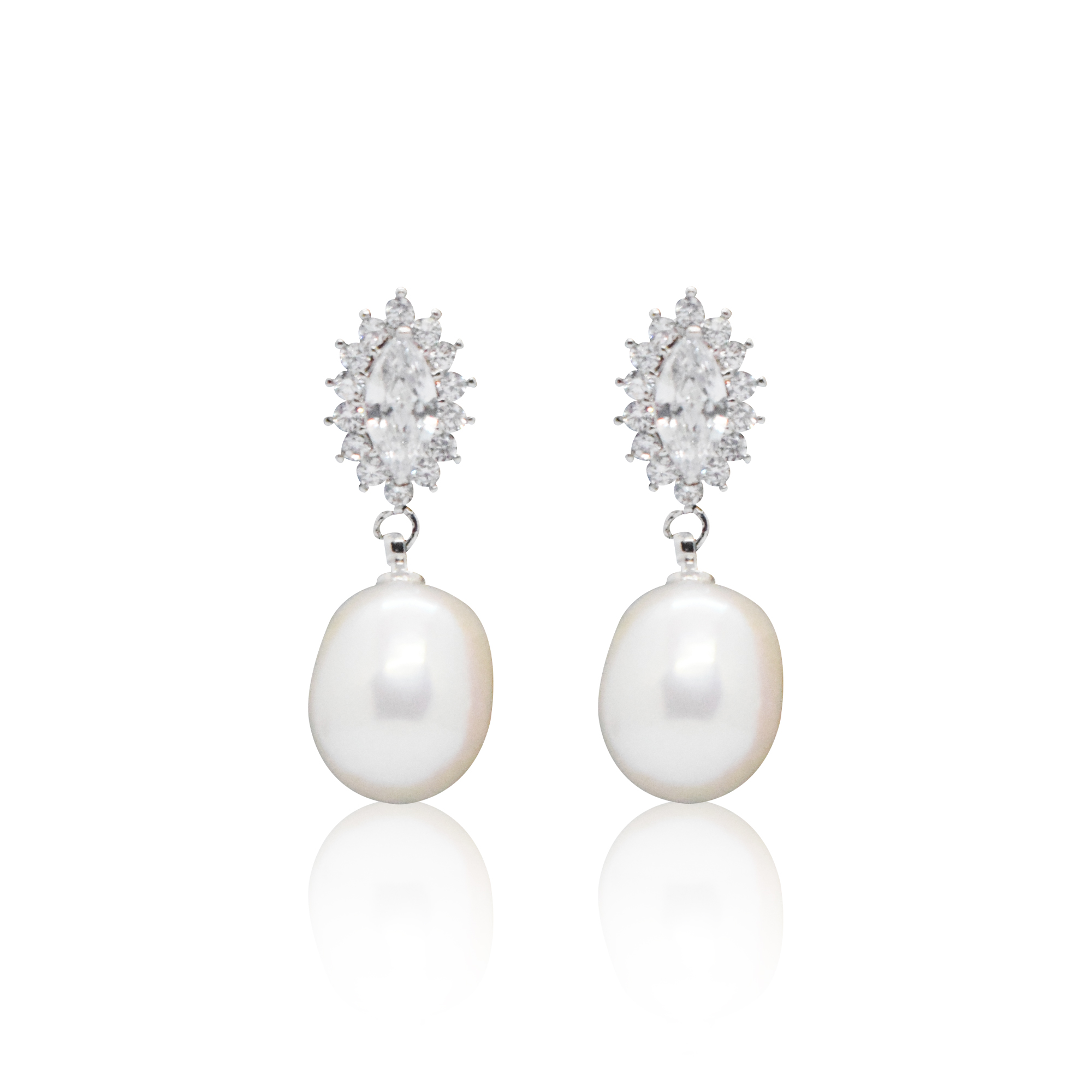 Sparkly Oval White Pearl Drops With Marquise CZ Studs