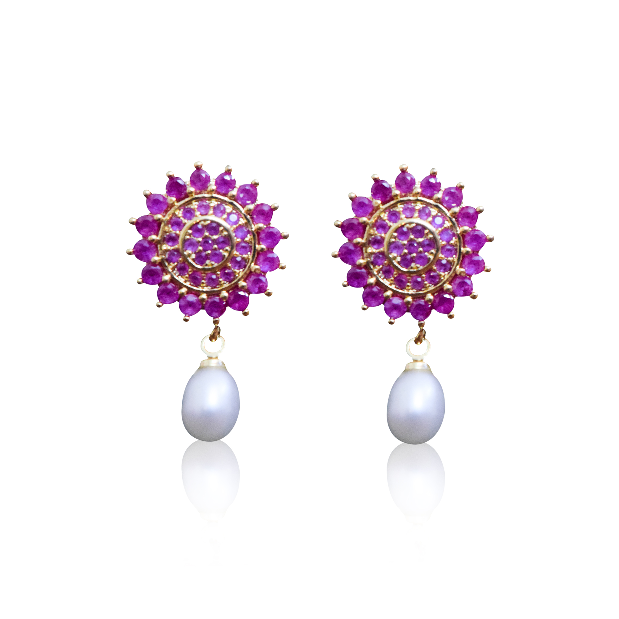 Alluring Floral SP Ruby Studs With 5mm White Oval Pearl Drops