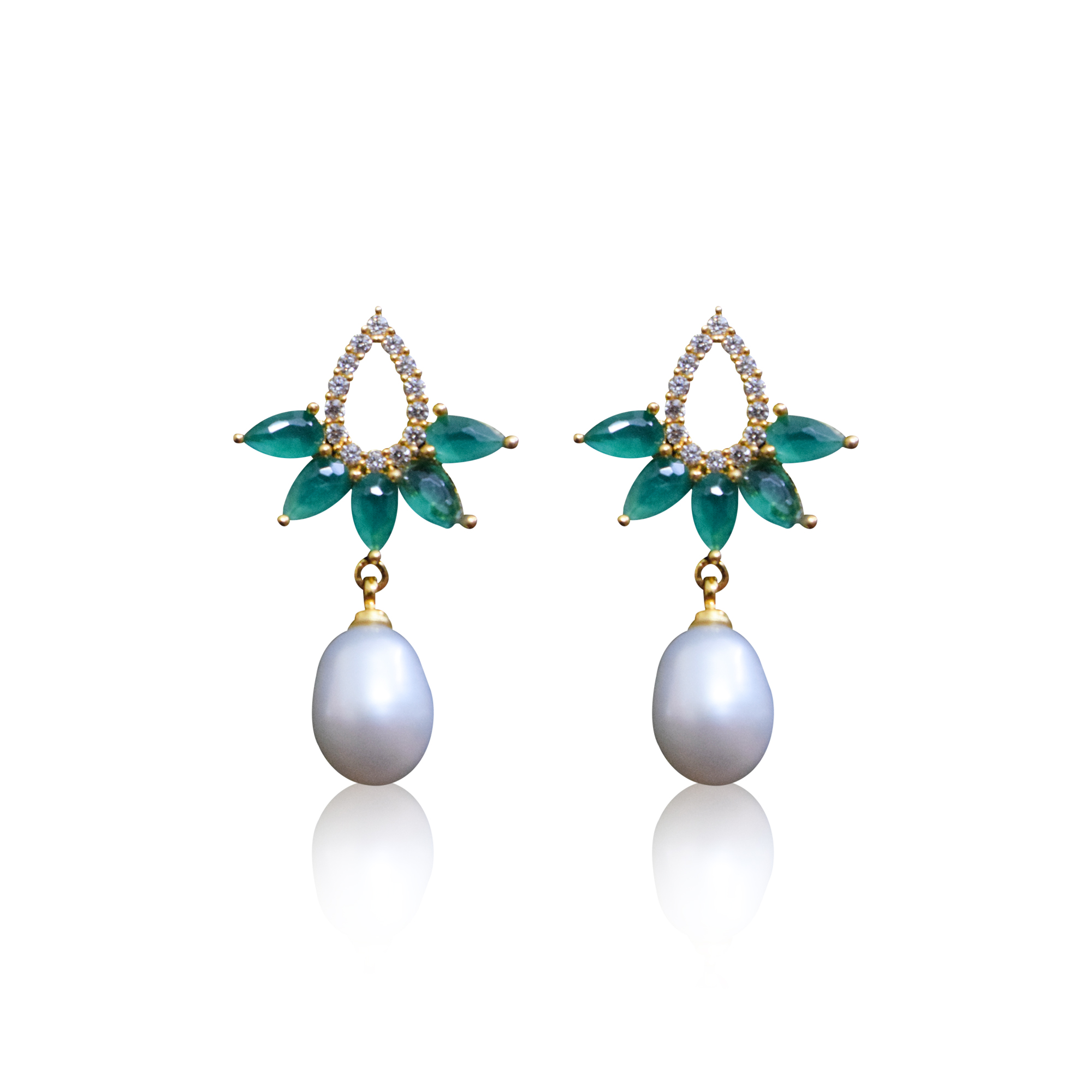 Graceful CZ & SP Emerald Studs With White Oval Pearl Drops