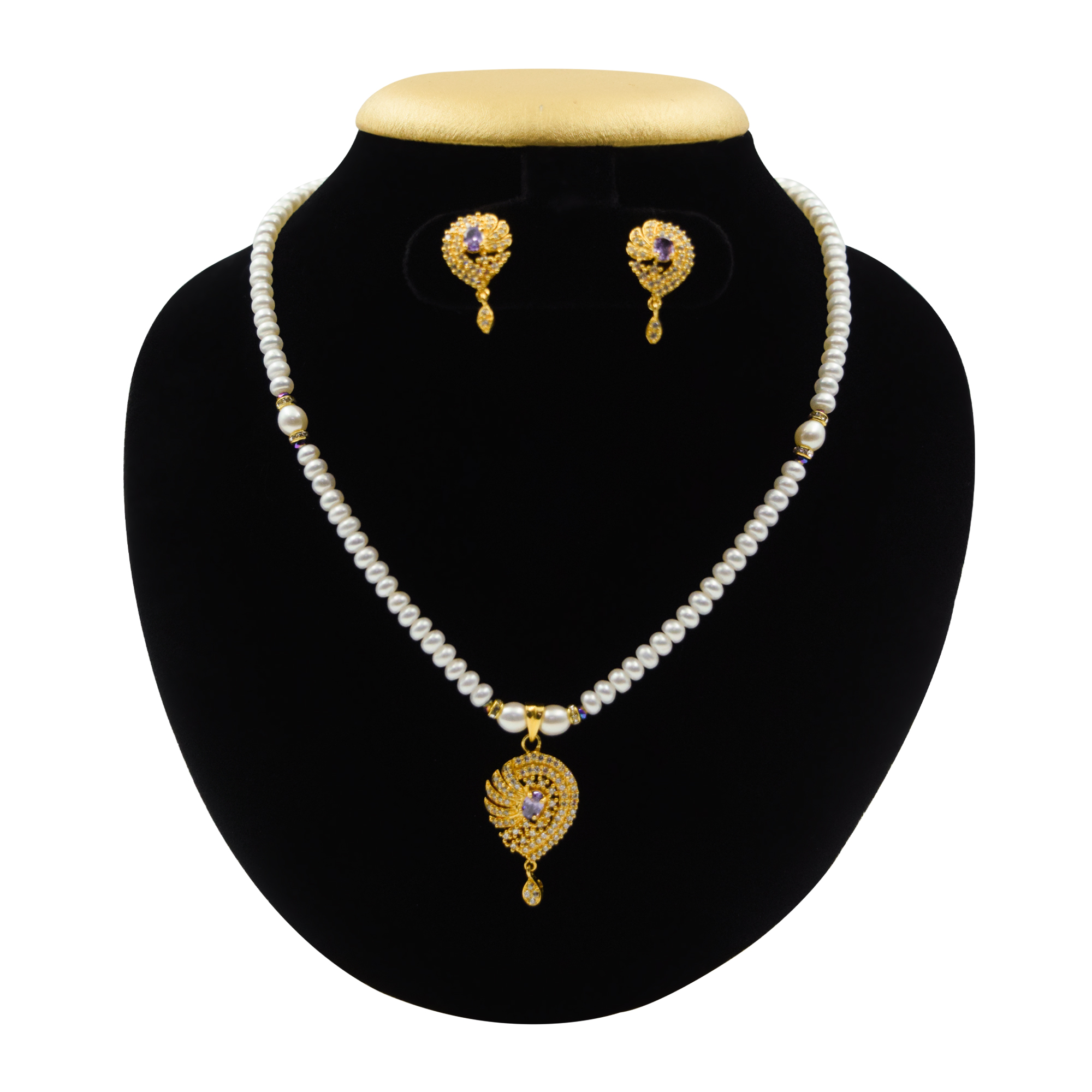Starry White Pearls Necklace With Pretty CZ & Amethyst  Pendant