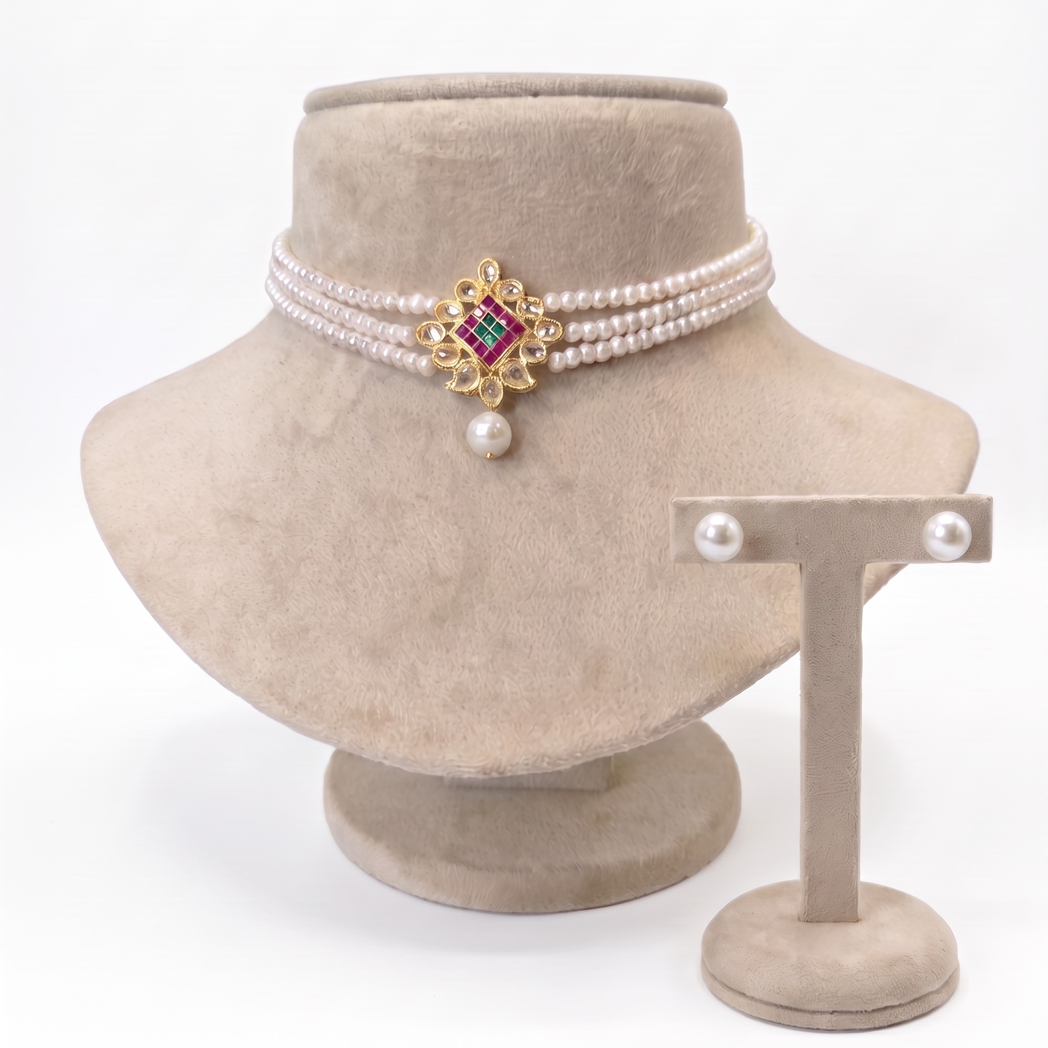 Elegant White Semi-round Pearl Choker With Polki Pendant