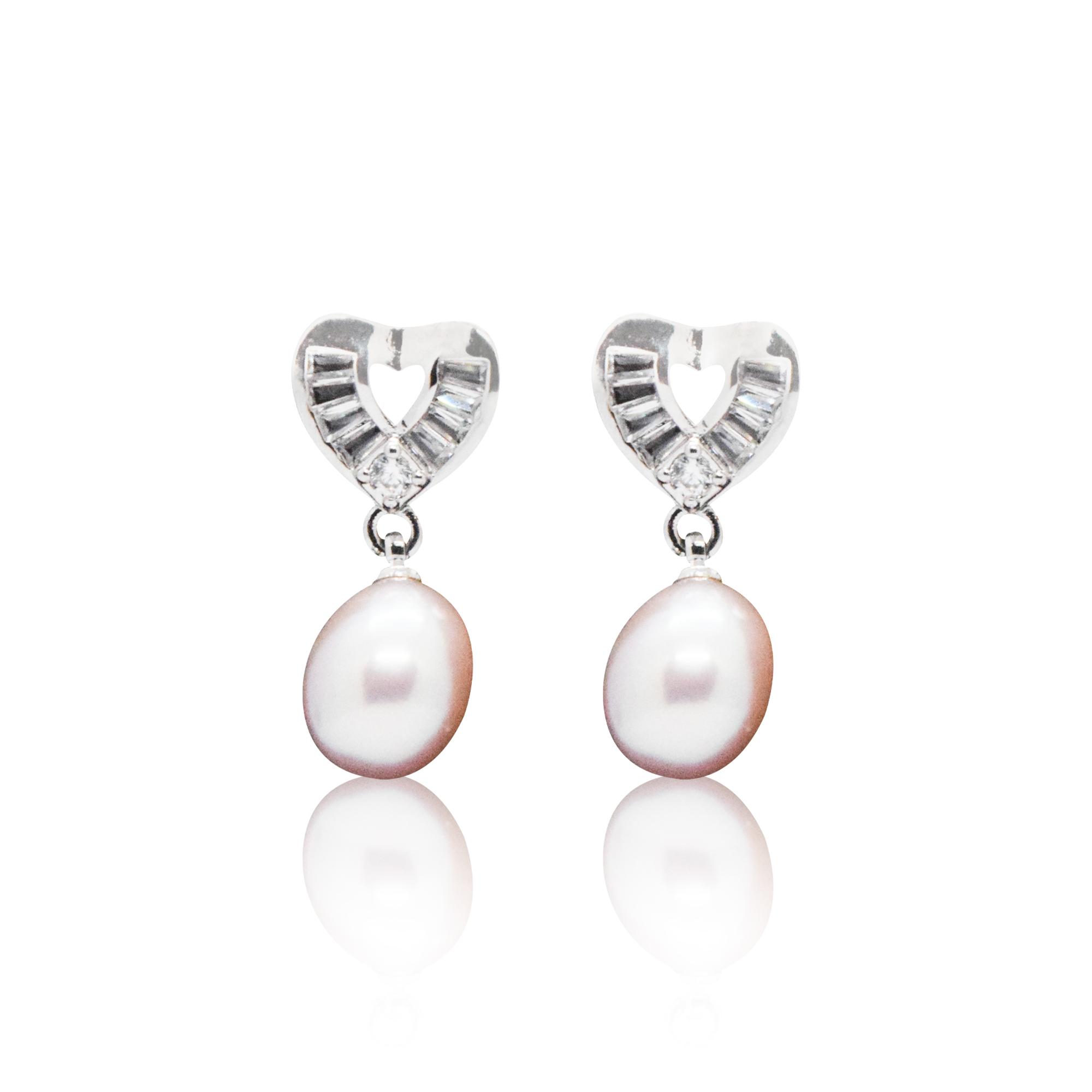 Pretty Heart Shaped CZ Studs With Peach Oval Pearl Drop