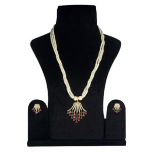 Gorgeous 3-Row White Semi-round Pearls Mala With Ornate CZ Pendant
