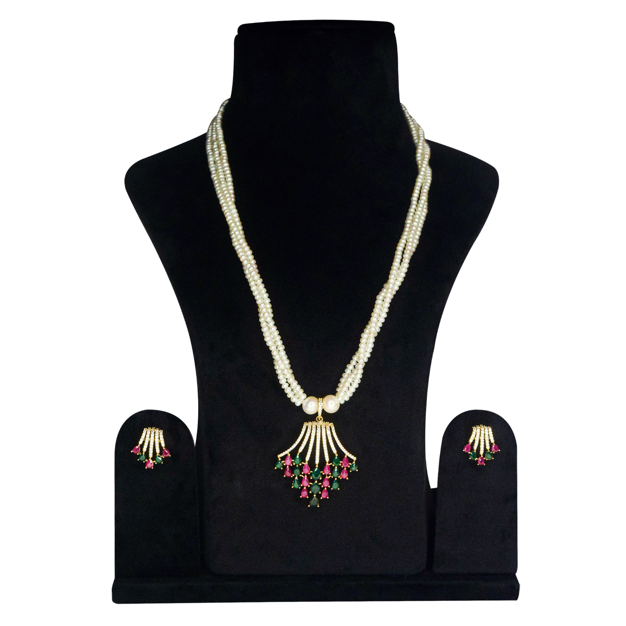 Gorgeous 3-Row White Semi-round Pearls Mala With Ornate CZ Pendant