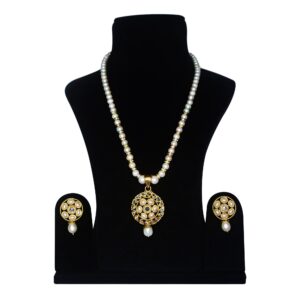 Radiant Lightly Graduated White Round Pearl Necklace With Polki Pendant