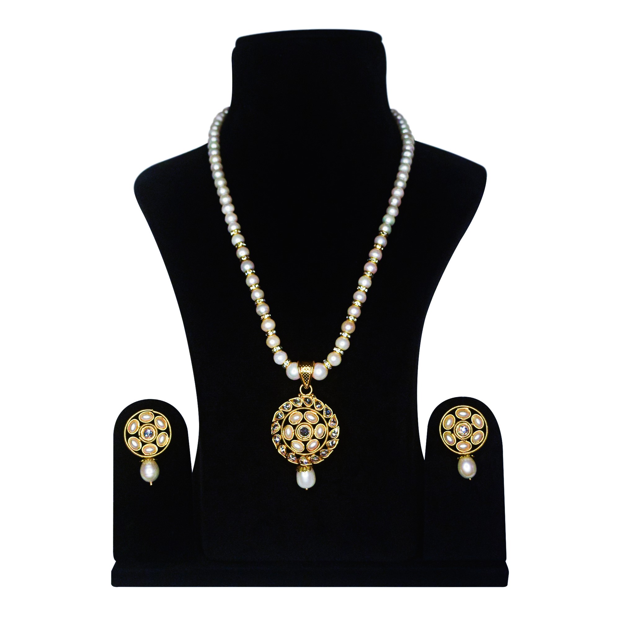 Radiant Lightly Graduated White Round Pearl Necklace With Polki Pendant