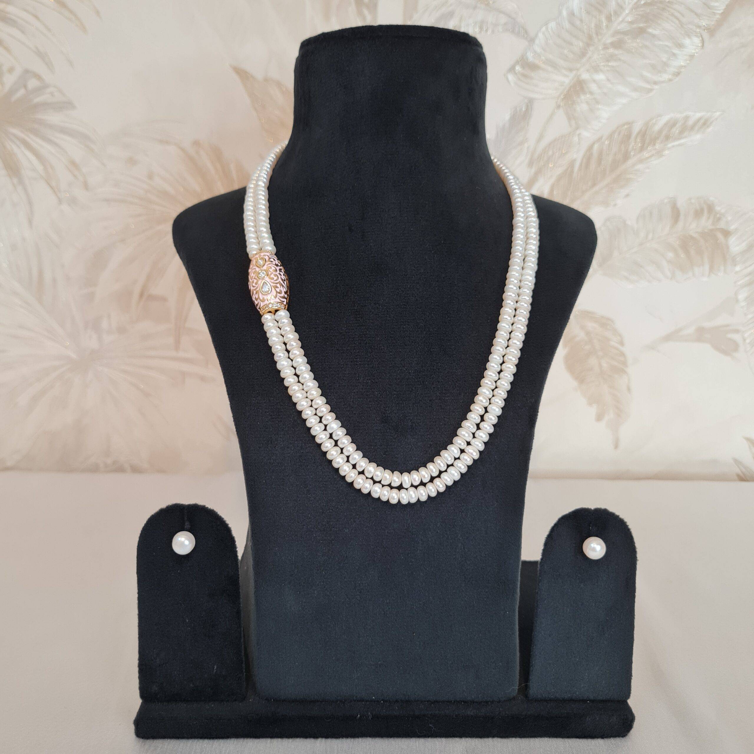 Lovely 2Line 19 Inch Necklace With White Pearls & A Pink Enamel Side Brooch