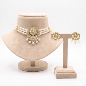 Alluring Three Line White Semi-Round Pearls Choker With Polki Pendant