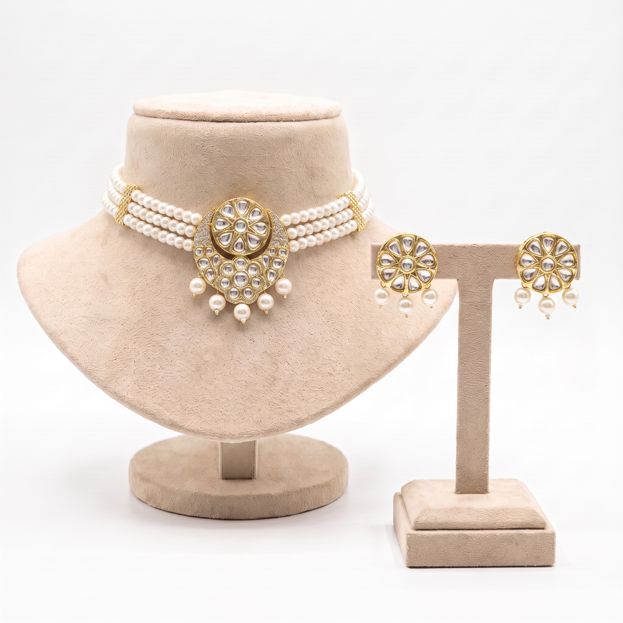 Alluring Three Line White Semi-Round Pearls Choker With Polki Pendant
