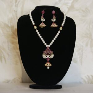 Striking White Round Pearl Necklace With A Lovely SP Ruby Peacock Pendant